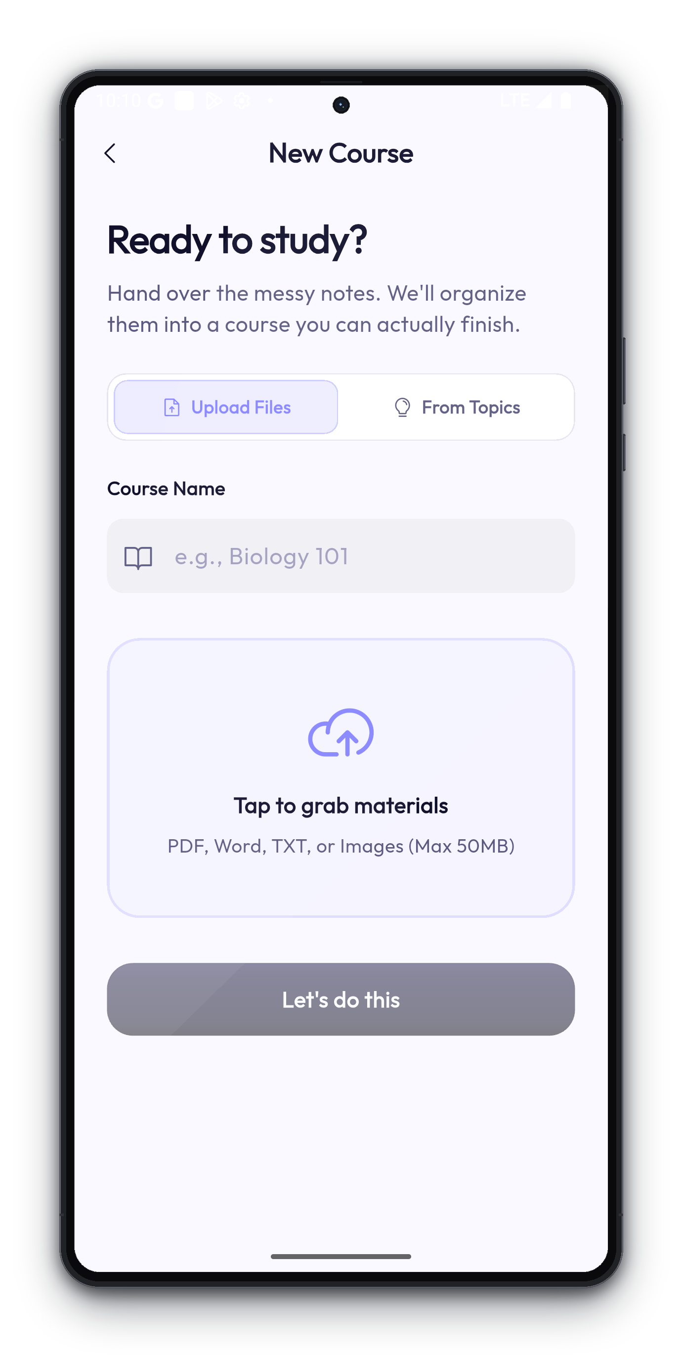 Upload course notes and PDFs into Binn for AI quiz generation